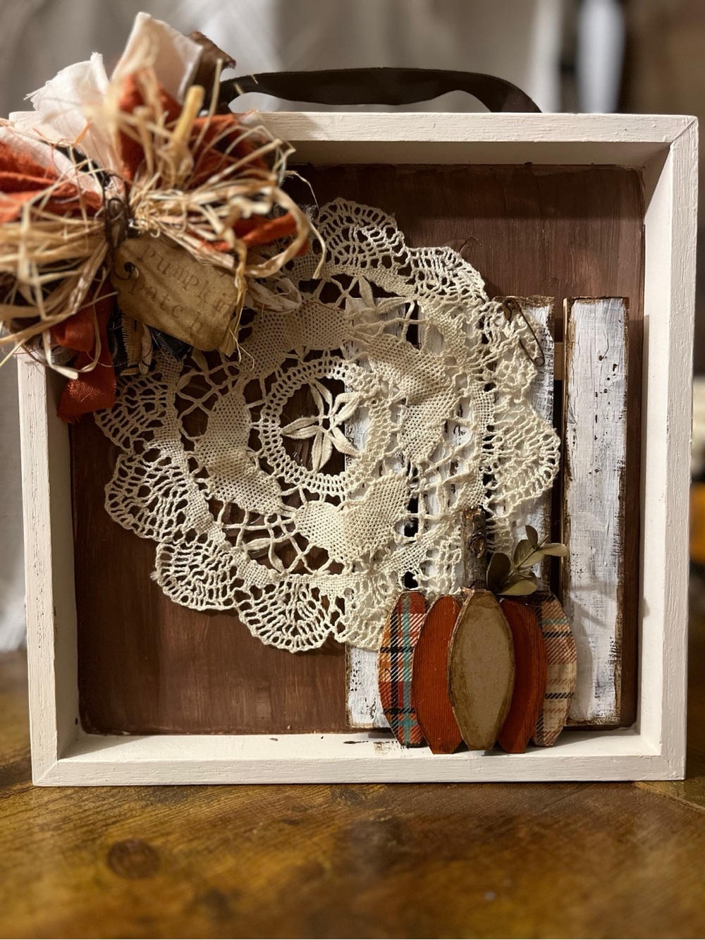 Hand Crafted Orange and Cream Doily Pumpkin Shadow Box